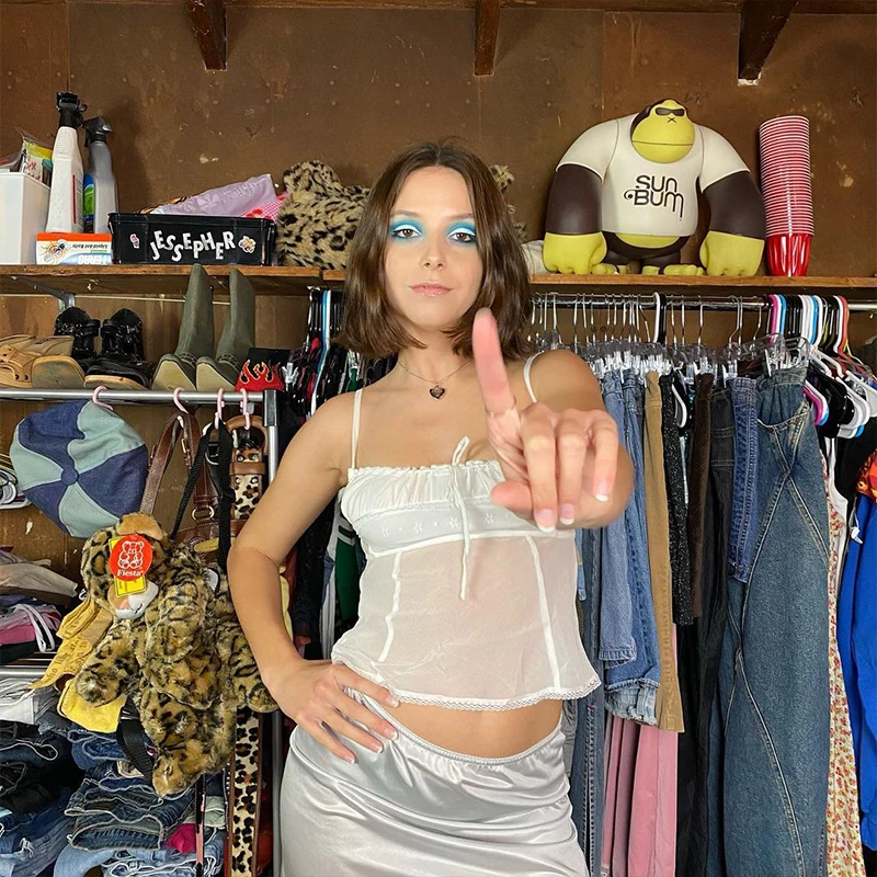 

Mesh Camisole Women Angel Top Lace Crop Top Women Transparent Ruched Front Laceup Party Cute Tank Top Y2k Summer Cropped