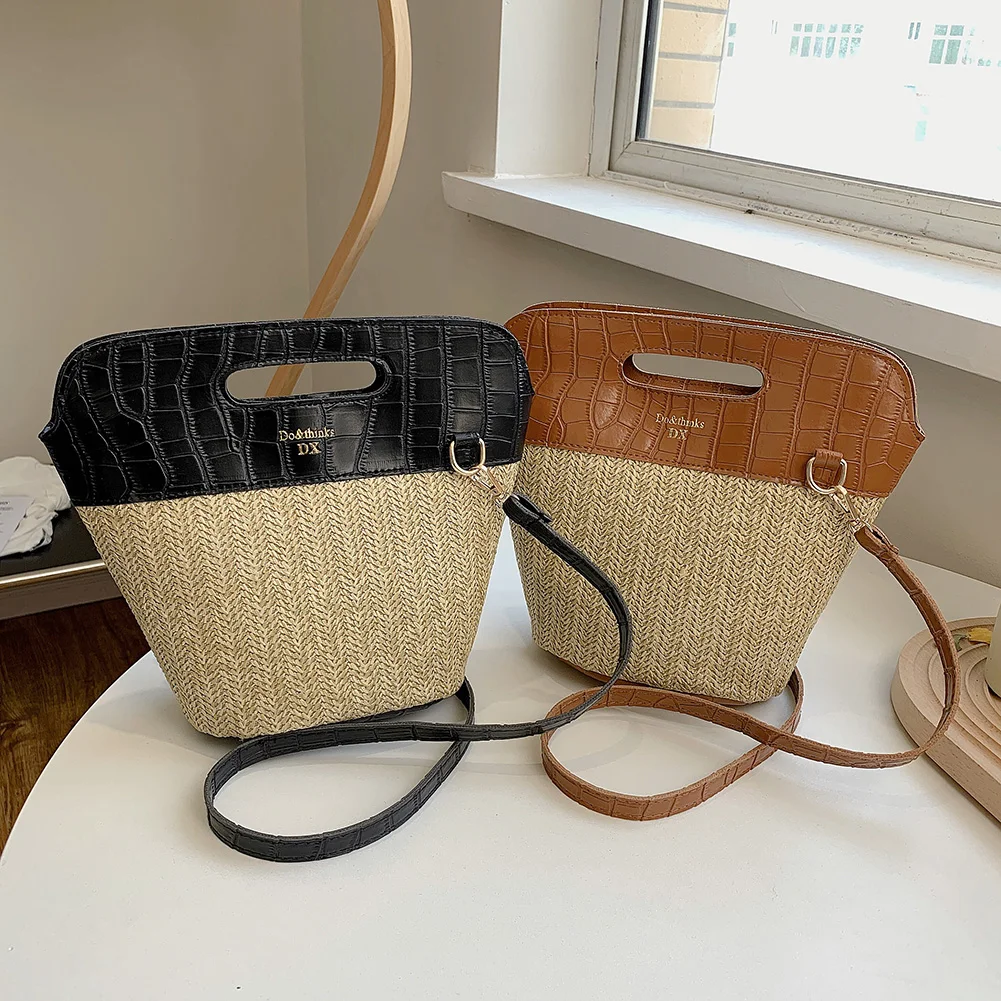 

Винтажные плетеные женские сумки через плечо из искусственной кожи в стиле пэчворк, летние повседневные пляжные сумки-мессенджеры на плечо...