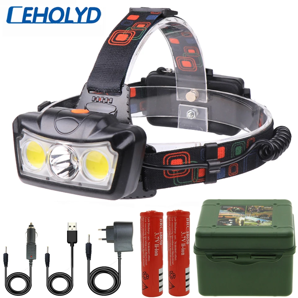 

Super Bright LED Headlamp T6+2COB LED Headlight Head Lamp Waterproof Torch Lanterna Head Light Use 2*18650 Battery for Camping