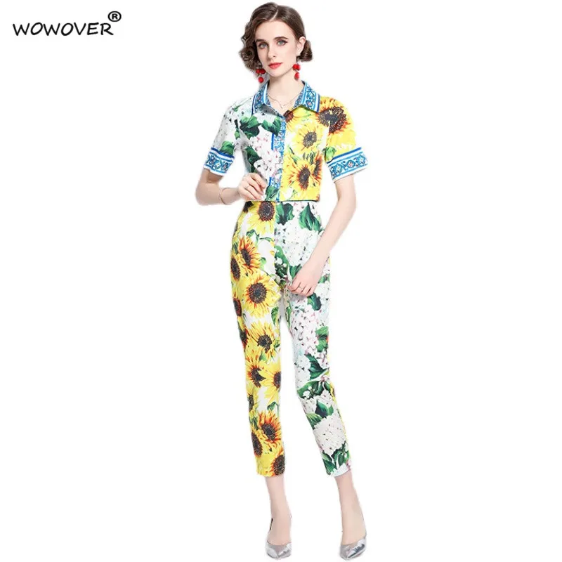 

2021 New Summer Runway Two Piece Set Women Fashion Short Sleeve Sunflower Print Shirt and Pants Suit Office Party Twinset