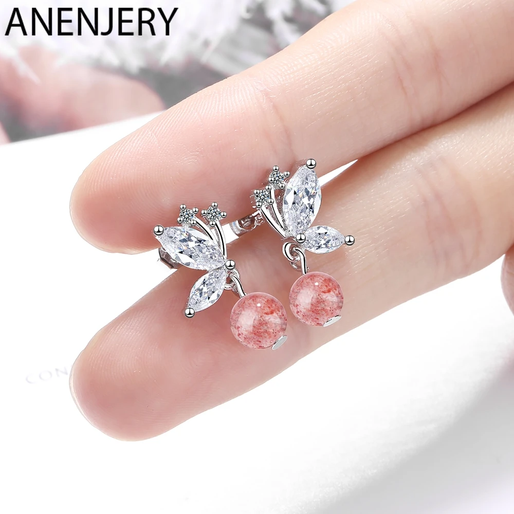 ANENJERY милые 925 пробы серебряные серьги для женщин Nnatural Клубника Кристалл серьги с бантами предотвратить аллергию S-E922