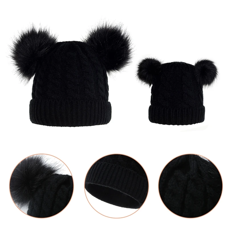 

2Pcs Parent-Child Winter Cable Knit Beanie Hat Double Pompom Skull Cap Warmer