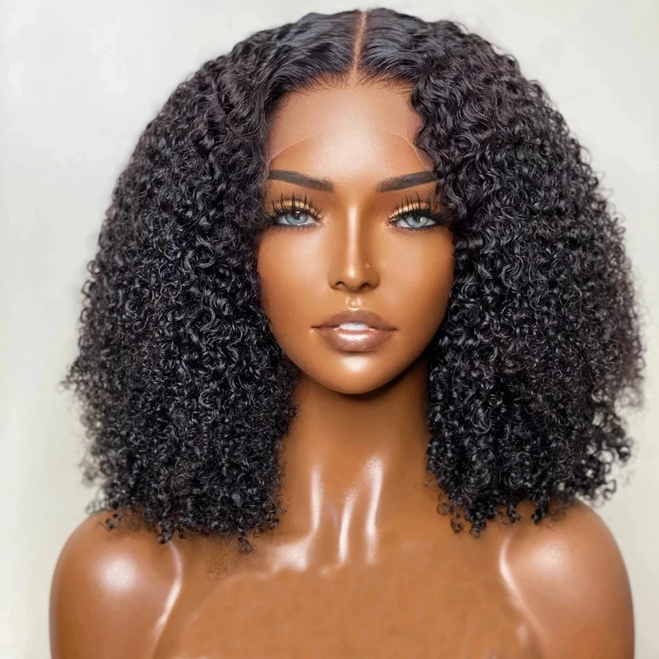 

Synthetic Hair Wigs Bouncy Kinky Curly Lace Front Wig For Women Black Color Middle Part 180% Density Natural Glueless Daily