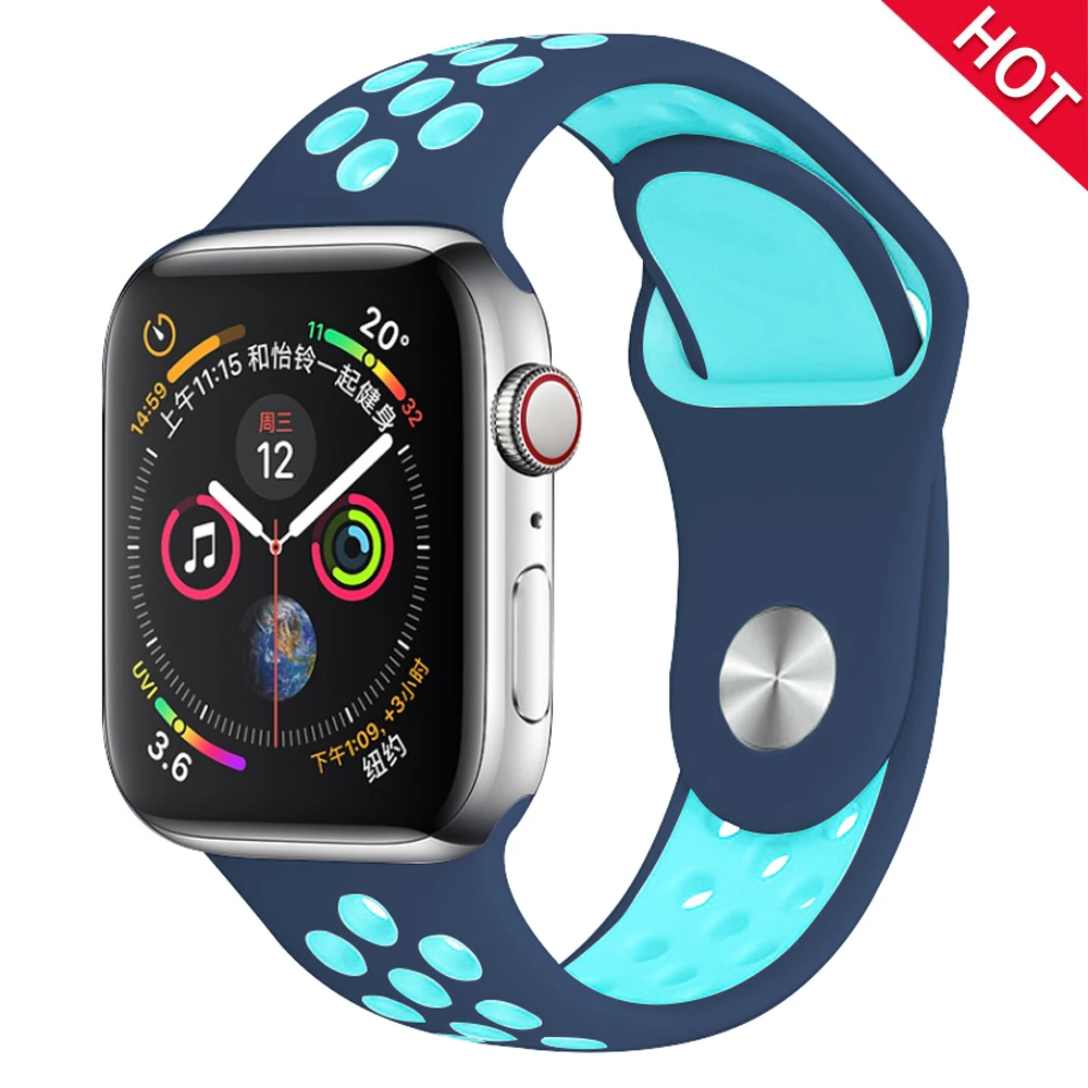 Sky blue dark blue Мягкий силиконовый сменный спортивный ремешок для Apple Watch, 38 мм, 40 мм, серия 1, 2, 3, 4, 5, 42 мм, 44 мм, браслет на запястье, ремешок для iWatch Sports - Цвет ремешка: Sky blue dark blue