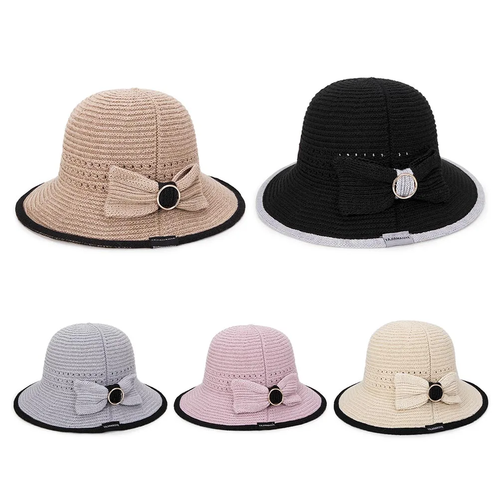 

Fashion Women Bowknot decor Adjustable Wide Brim Anti-UV Straw Sunhat beach Cap handmade straw Woven Summer Accessories Holiday