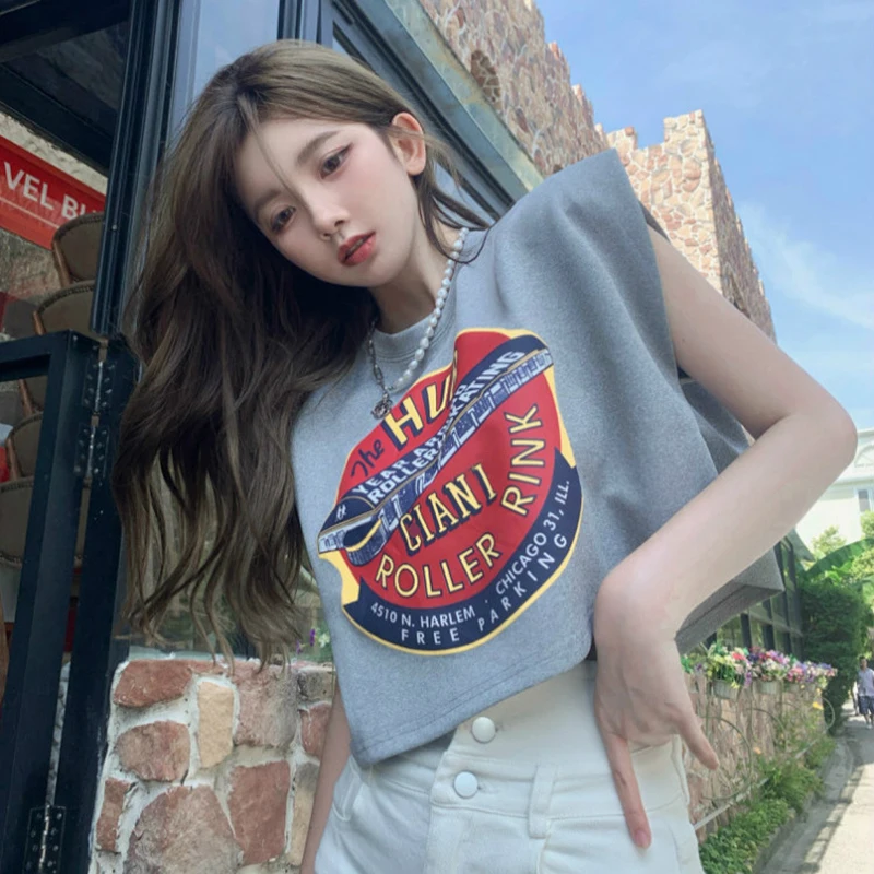 

Женские футболки с американским принтом, летние тонкие модные футболки без рукавов с круглым вырезом, Модные свободные топы В креативном ст...