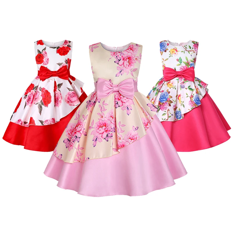 

От 3 до 8 лет платье для девочек с цветочным рисунком летние нерегулярные без рукавов кружевные платья принцессы с бантом для дня рождения, д...