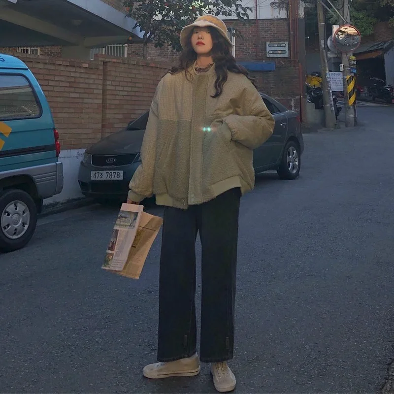 Parkas Women Design Patchwork Lambswool Thicker Outwear Warm Retro Button Panelled Plaid Short Style Parka Mujer Korean Fashion | Женская