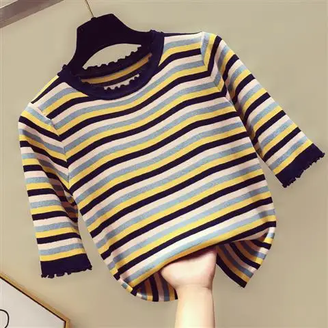 Женский облегающий вязаный свитер в радужную полоску короткий пуловер с