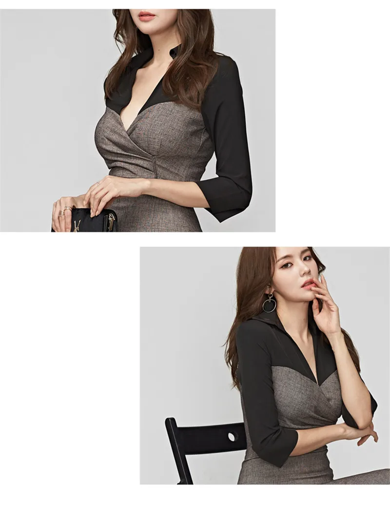 BGTEEVER Slim Waist V-neck Women Dress Full Sleeve Bodycon Patchwork Side-split Female Dress Fashion Midi Vestidos Femme
