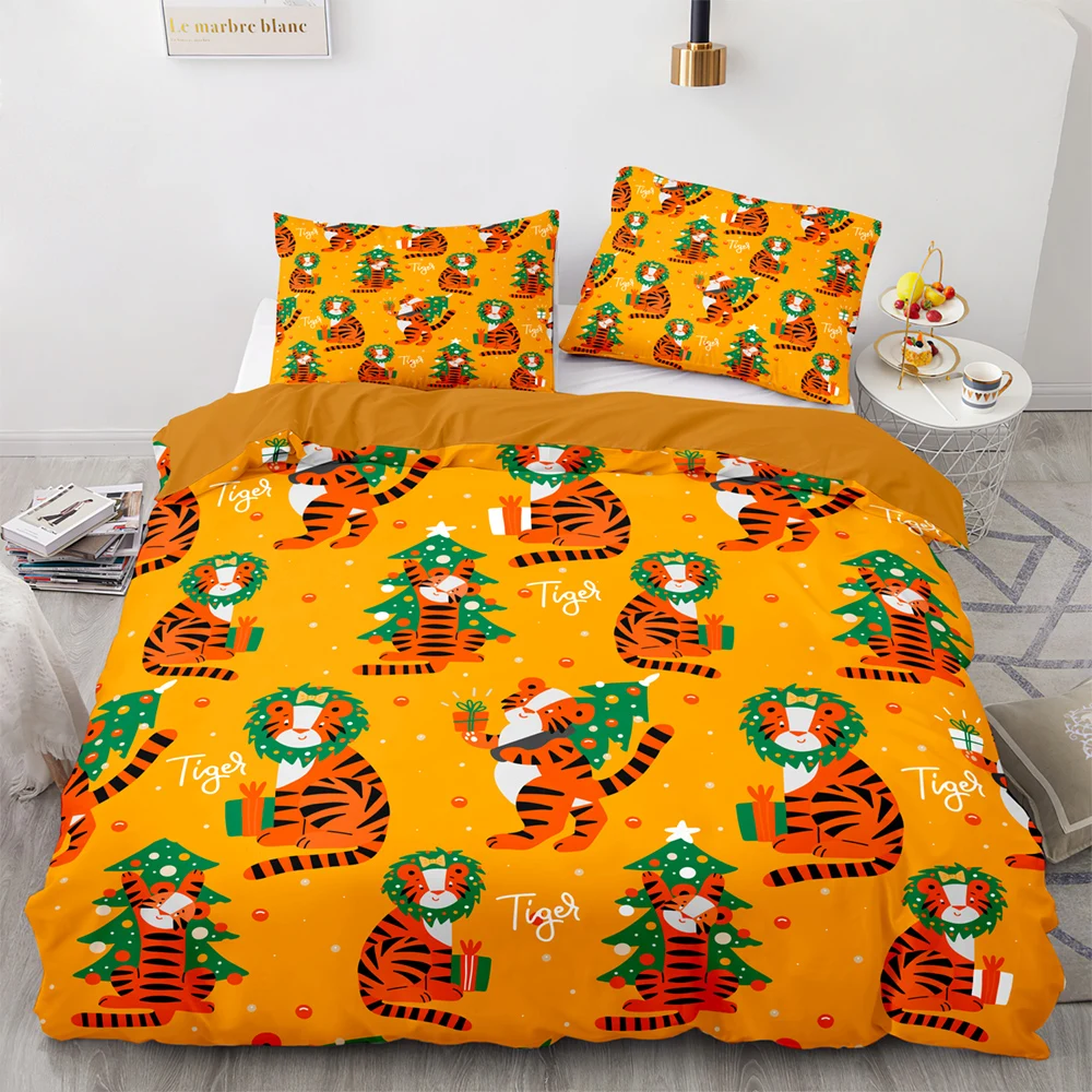

High Quality Orange Duvet Cover Cartoon Tigers Pattern Bedding Set with Pillowcase for Double Twin Size Home Textiles