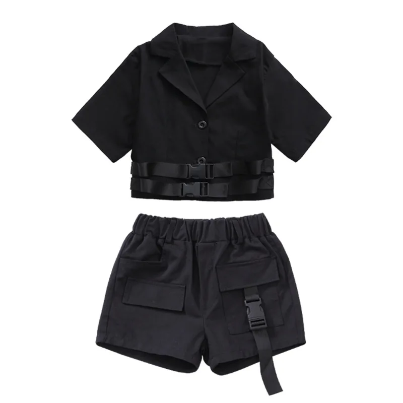 

Kid Black Hip Hop Clothing V Neck Crop Top Off Shoulder T Shirt Streeewear Tactical Cargo Shorts for Girls Dance Costume Clothes