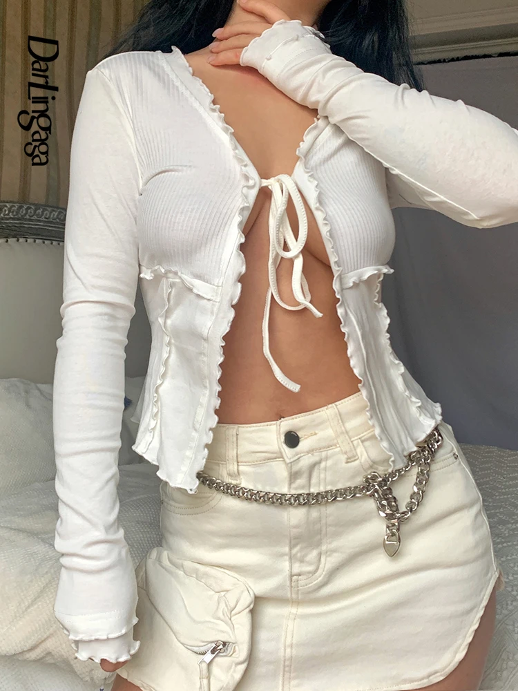 

Darlingaga Y2K Fairycore Frills Vintage Female T-shirt Lace Up Cardigan Harajuku Cropped Tops Ruffles Spliced Spring Sexy Tshirt