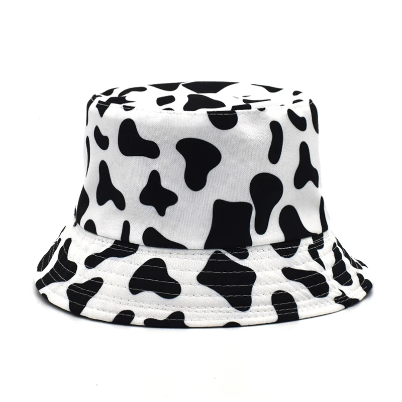 

Original New Reversible Bucket Hats Panama Women Fashion Black White Cow Pattern Fisherman Hat Summer Sun Hats Outdoor M56