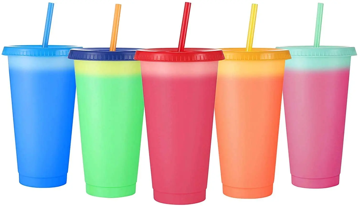 

5 pack Magical Plastic Cold Water Color Changing Cup with Straw Set Creative Tumbler Discoloration Changing Reusable Colour Cup