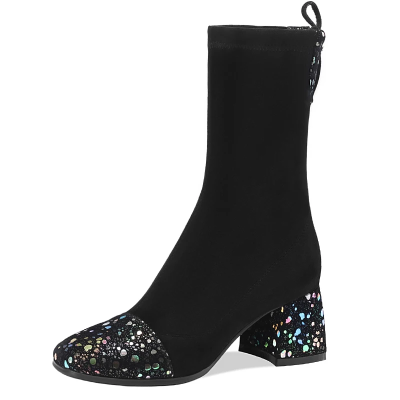 

Autumn Winter Women Modern Stretch Boots Elegant High Heels Boot Shoes Footwear Round Toe Women Fashion Footwear Black A99