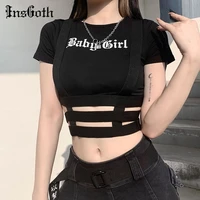 insgoth streetwear punk hollow out black t shirt harajuku goth letter print bodycon short sleeve top women sexy basic crop tops