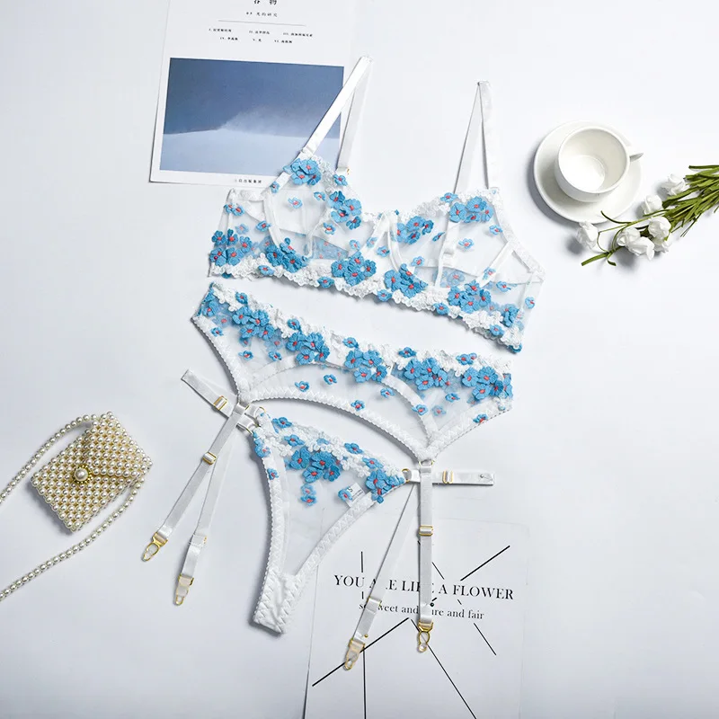 

FVIAD Womans Bra Briefs Garters Suit Thin Transparent Sexy Lingerie Ladies Underwear Lace Embroidery Flower Erotic Clothing Set