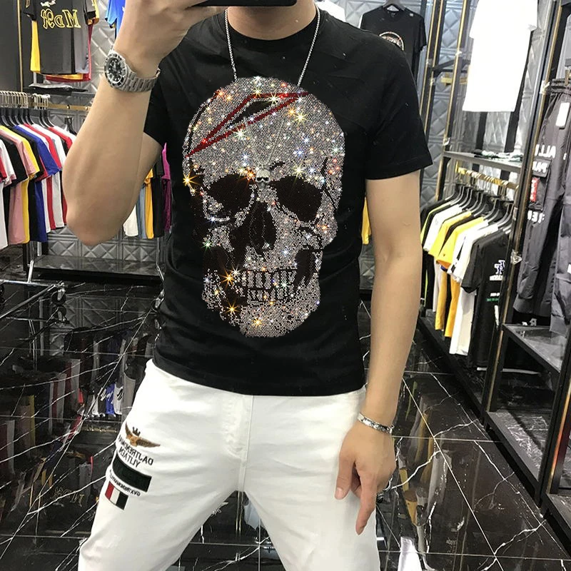 

Hot Rhinestone Skull Men's T-Shirt Trend Slim Handsome Mercerized Cotton Large Size Summer Casual SportsShirt Top