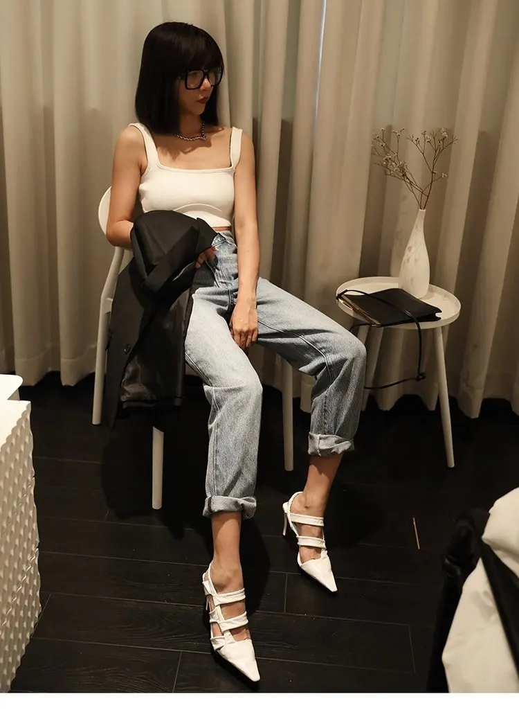 

2021 New Women Shoes Fashion Slides Thin Heels Solid Outside Pointed Toe Leisure Narrow Band Adult Apricot Size 35-39