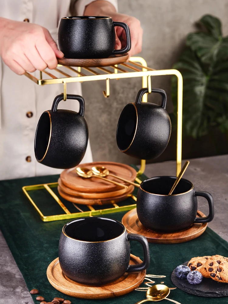 

European Light Luxury Coffee Cup Set Ceramic Tea Cups Frosted With Wooden Pallet Iron Frame Mug Household Gift Canecas Drinkware