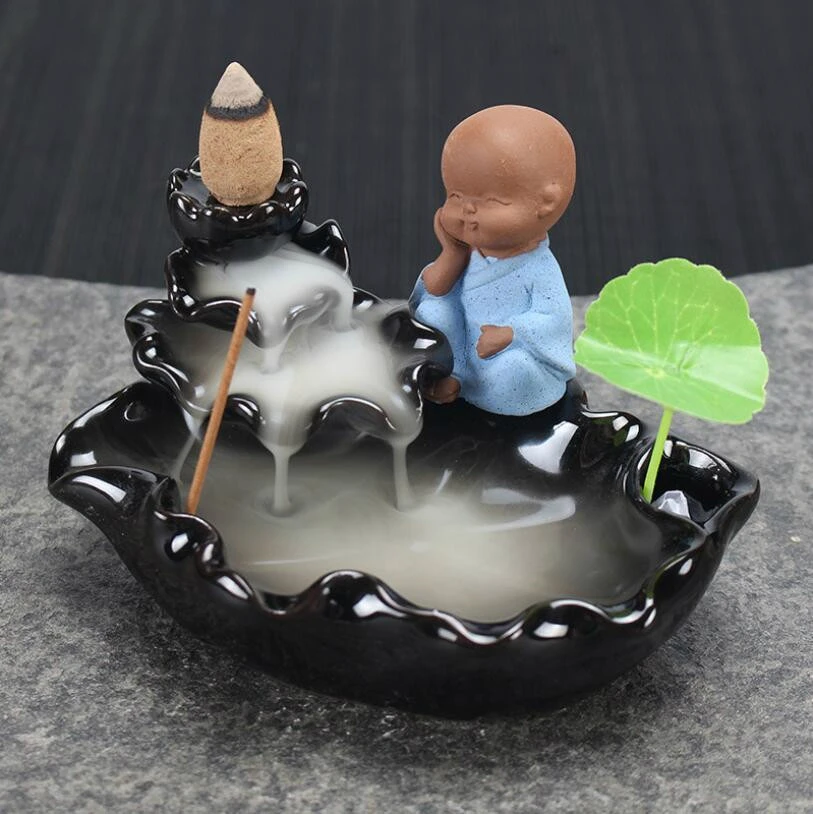 

Creative Little Monk Backflow Incense Burner Home Dec Ceramic Cone Waterfall Incense Holder Buddhist Censer