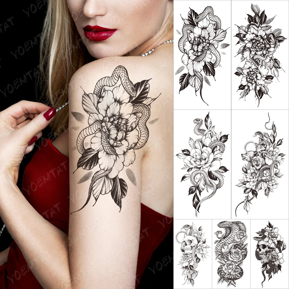 

Waterproof Temporary Tattoo Sticker Snake Peony Flower Plum Flash Tattoos Female Black Minimalist Line Body Art Fake Tatto