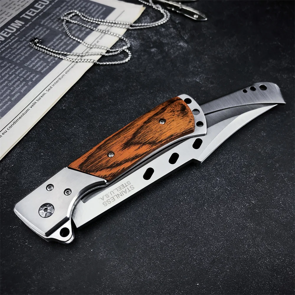 

High End Swallowtail Portable Folding 440C Knife Steel Color Wood Handle U.S.A Outdoor Jungle Hunting Tactical Pocket Body Knife