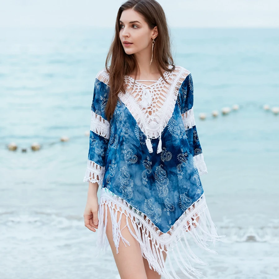 

Пляжная одежда, накидки для купальников, женские летние пикантные свободные топы с принтом и рукавами, V-образным вырезом, вязаные асимметричные блузки с бахромой, 2021