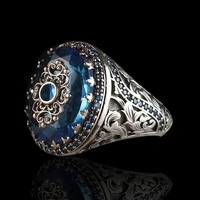 vintage blue crystal zircon rings for men statement jewelry accessories luxury punk handmade carving leaf pattern men rings
