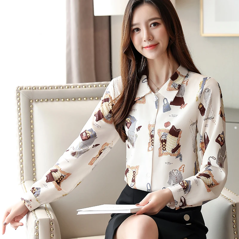 

Шифоновая женская блузка с принтом поло, рубашка для девочек, весна-осень, Свободный Топ с длинным рукавом, Повседневная модная женская блуз...