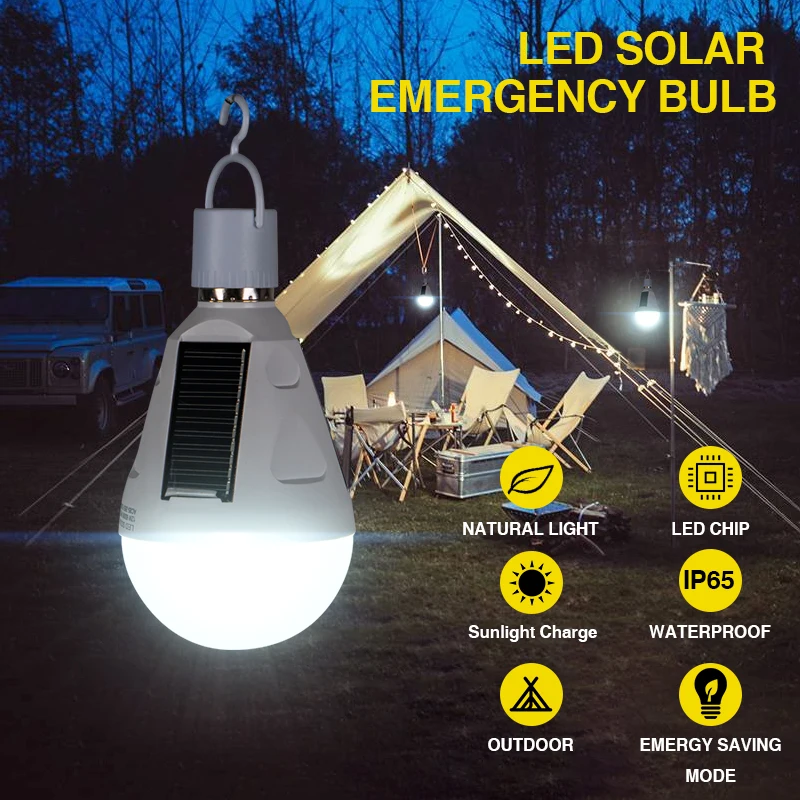 Portable Rechargeable  LED Bulb Solar Powered Light E27 12W 85V-265V Home Emergency Lamp Camping Tent Light