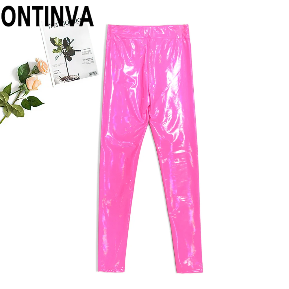 Дамы с мокрым эффектом леггинсы из искусственной кожи черные обтягивающие