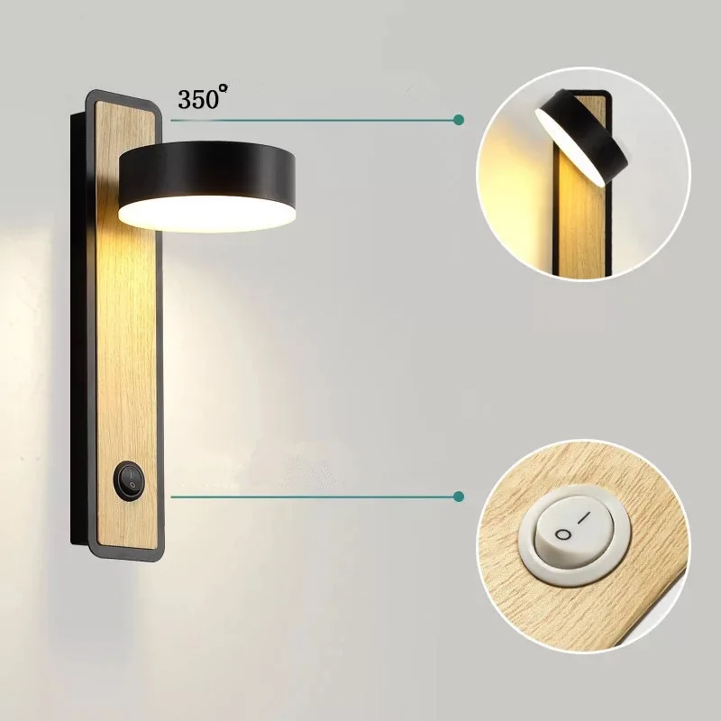 Wooden LED wall lamp with switch bedroom living room Nordic modern light aisle study reading sconce white black lamps | Лампы и