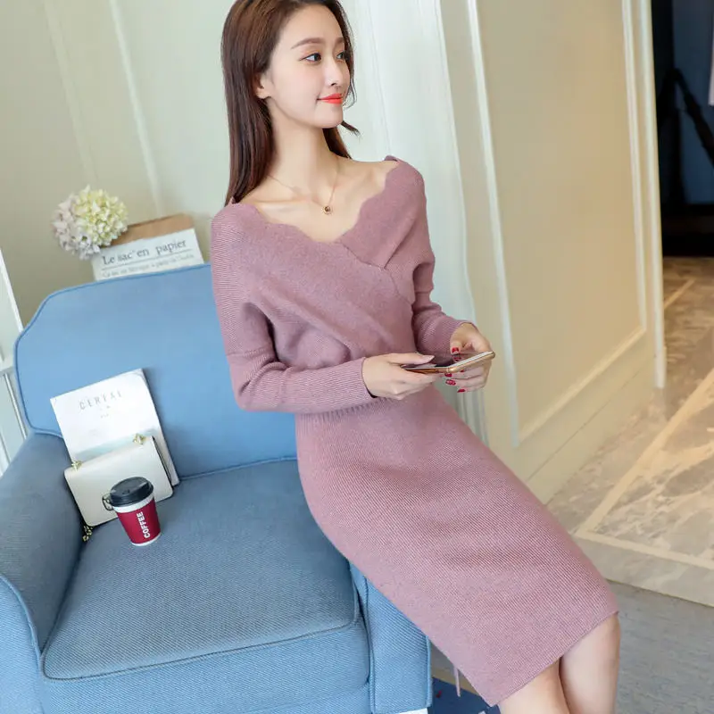 Женское трикотажное платье свитер элегантное облегающее длинное пуловер для