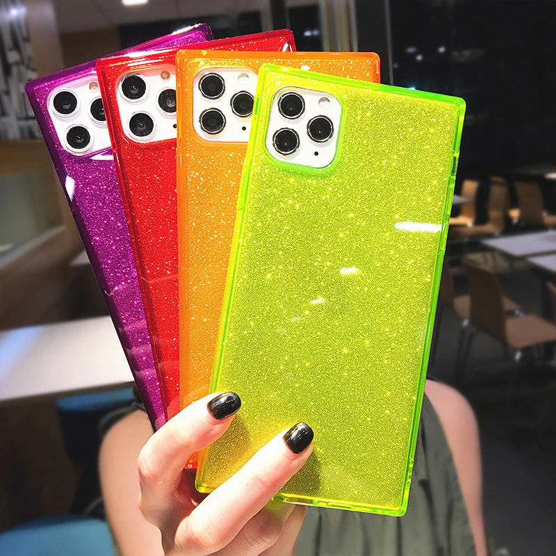 

Luxury Square Glitter Phone Case For iPhone 12 Mini 11 Pro Max XR XS Max 7 8 Plus X Clear Soft TPU 2 In 1 Back Cover
