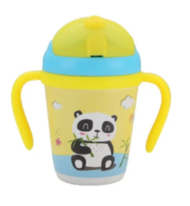 panda 300-400 мл детская чашка-непроливайка из бамбукового волокна, детская чашка для воды с рисунком, обучающая чашка для малышей, нескользящая чашка для кормления - Цвет: panda