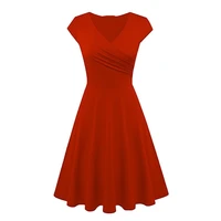 50 hot sale fashion women solid color v neck short sleeve plated swing party banquet dress