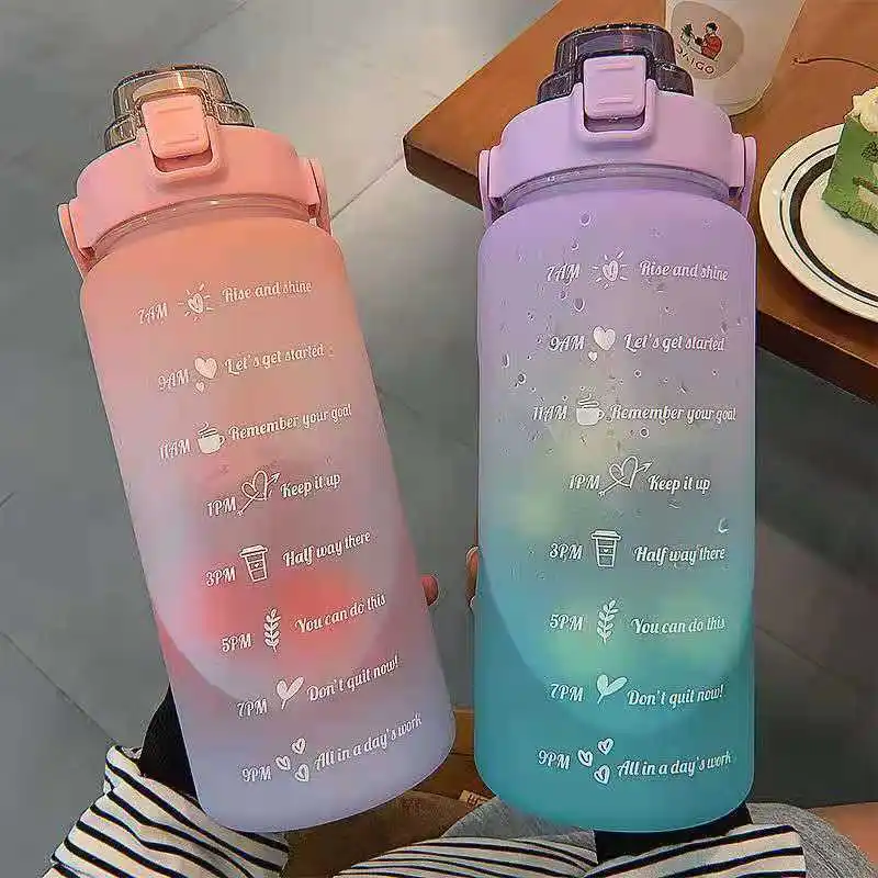 

2L Large Capacity Outdoor Sports Water Bottle High Temperature Plastic Water Cup Time Scale Frosted Fitness Student Couple Cup
