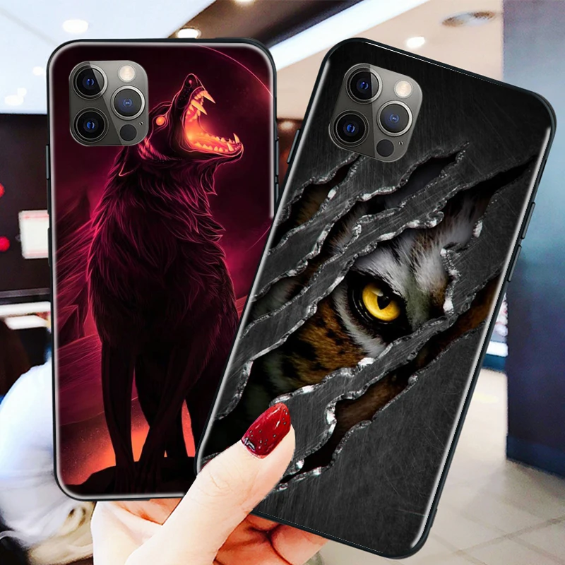 

Phone Case For iPhone 6 6S 7 8 Plus X XS XS Max XR 11 11 Pro 12 12 Pro Max Luxury Black Shell Cover Wolf Lion Animal funda