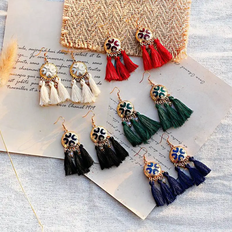 Женские богемные серьги кисточки Длинные Зеленые Серьги с бахромой в этническом