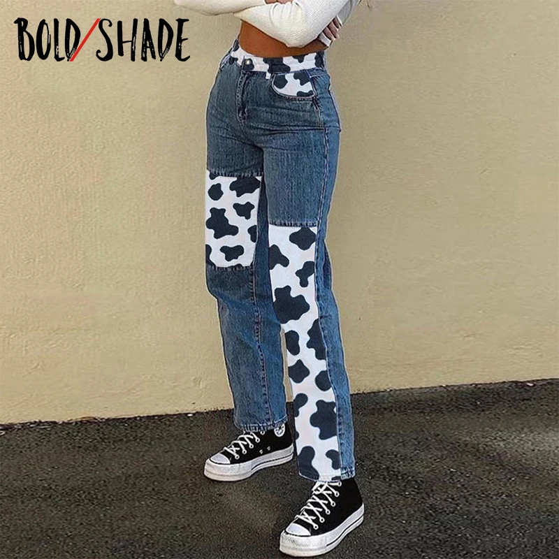 

Bold Shade Indie Skater Style 90s Denim Jeans Y2k Grunge Fashion Milk Cow Print Patchwork Jeans Streetwear Pants Women Fall 2020