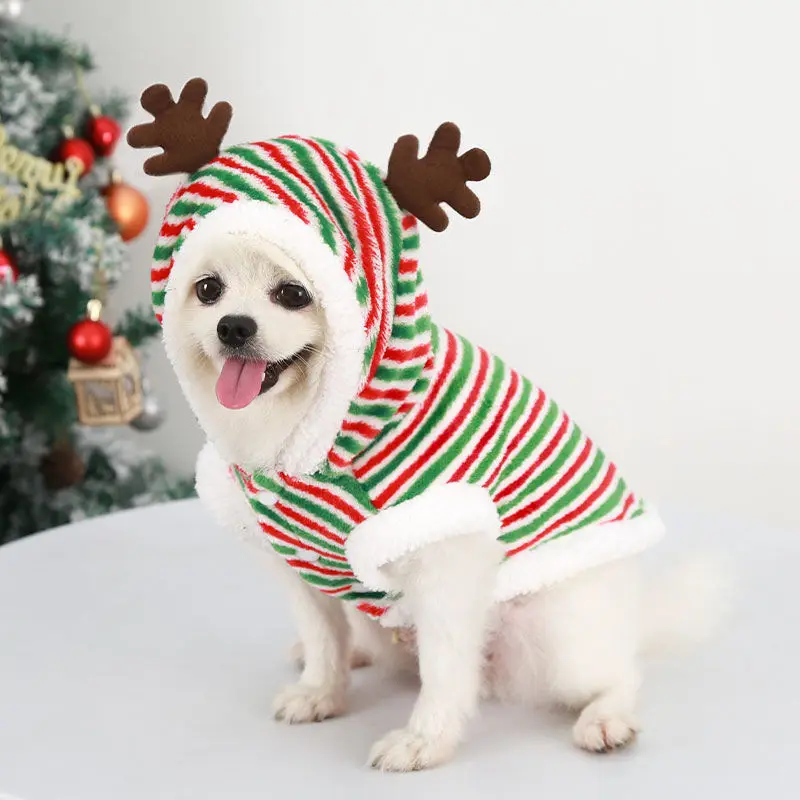 

[2021 Hot]Christmas dog cats warm velvet striped antlers decoration pet clothes supplies elk small and medium-sized teddy fight