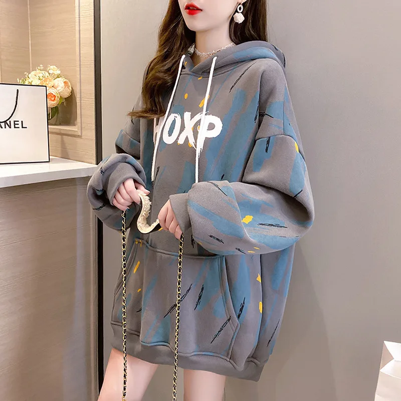 

Women's Hoodie Sweatshirt Mid-length Round Neck Graffiti Letter Printing Cartoom Cute Lapel Oversized Hoodies Pullover Jacket