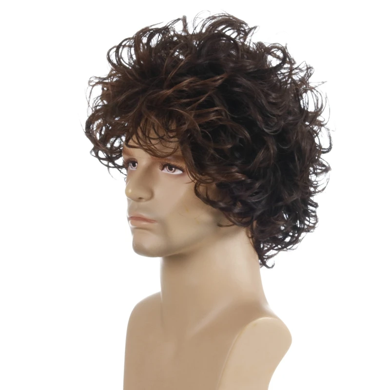 

Men Wig Blackand Brown Medium Curly Synthetic Cosplay Wig Men Dark Brown Synthetic Hair High Temperature Fiber Full Wigs