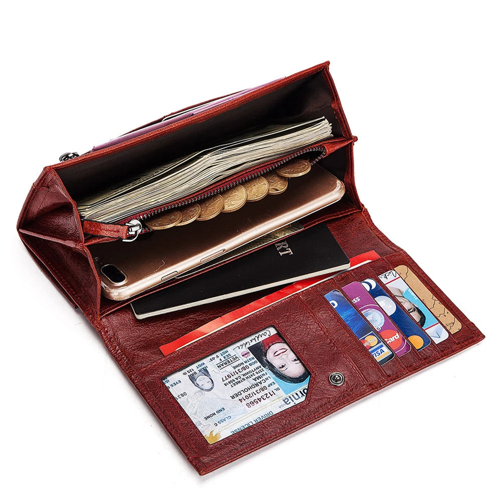 Женский кошелек из воловьей кожи длинный вместительный клатч с несколькими