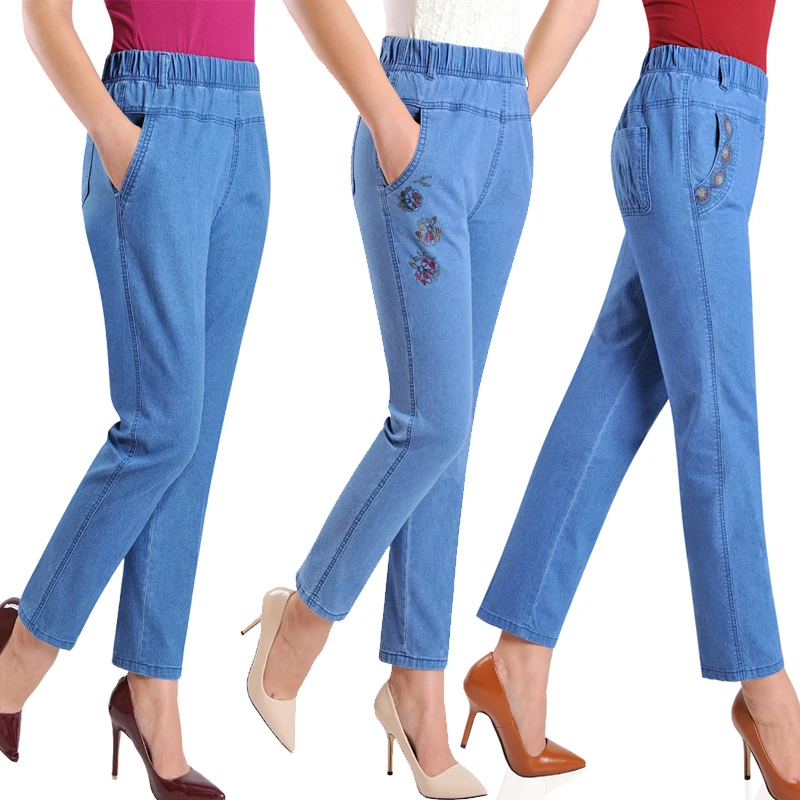 

Plus Size 5XL Jeans Female Spring Summer New Embroidery Nine Denim Pants Slim High Waist Elasticity Casual Women Pants H450