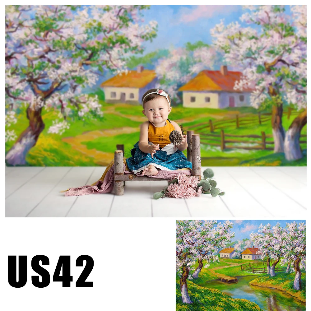 Фон для детской фотосъемки с масляной росписью Розовые цветущие деревья фон Rivulet