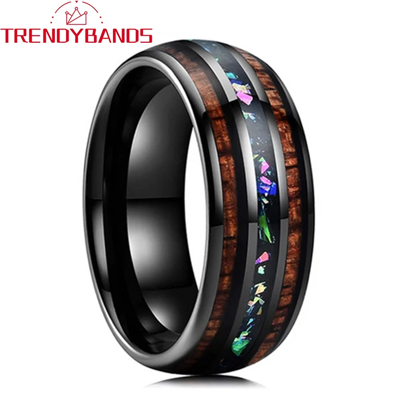 8mm Tungsten Rings Wedding Band For Men Women Black Real Multicolor Opal Chip Koa Wood Inlay Polished Shiny Comfort Fit