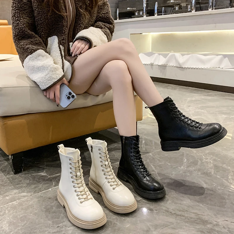 

Женские ботинки с круглым носком, белые однотонные ботинки до середины икры из флока, на шнуровке, с низкой резиновой подошвой, для зимы, 2021